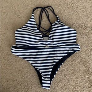 WORN ONCE navy/white striped bikini set